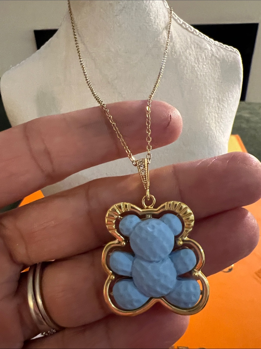 Gold Pendant Necklace with Light Blue Teddy Bear Charm